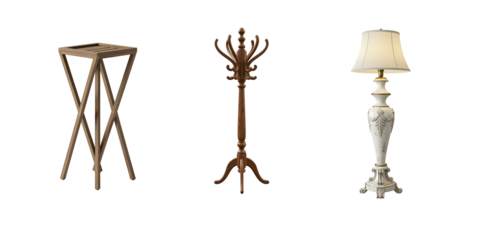 Three decorative antique furniture pieces against a black background