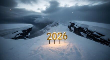 2026 new year celebration in snowy mountains under cloudy sky with golden number balloons