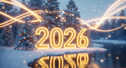 Glowing 2026 new year celebration in snowy winter forest with light trails and reflections