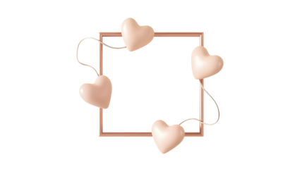Elegant rose gold rectangular frame adorned with delicate pastel pink hearts and subtle flowing ribbons isolated on transparent background
