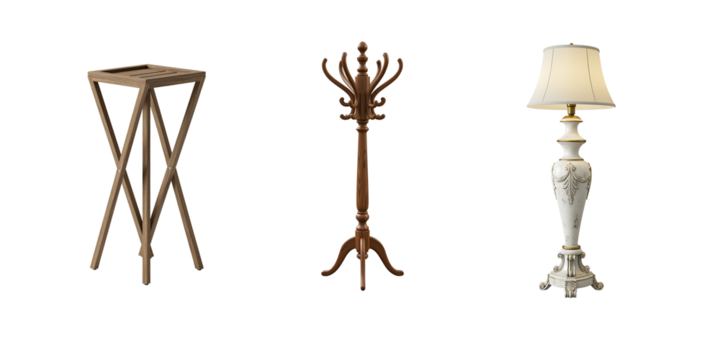 Three decorative antique furniture pieces against a black background