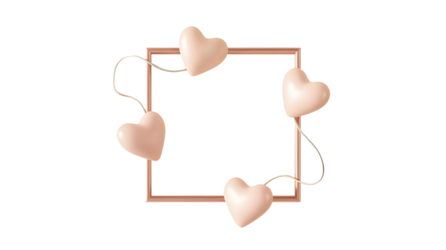 Elegant rose gold rectangular frame adorned with delicate pastel pink hearts and subtle flowing ribbons isolated on transparent background - Powered by Adobe