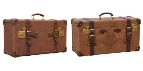 Two vintage leather suitcases with ornate gold hardware and buckles