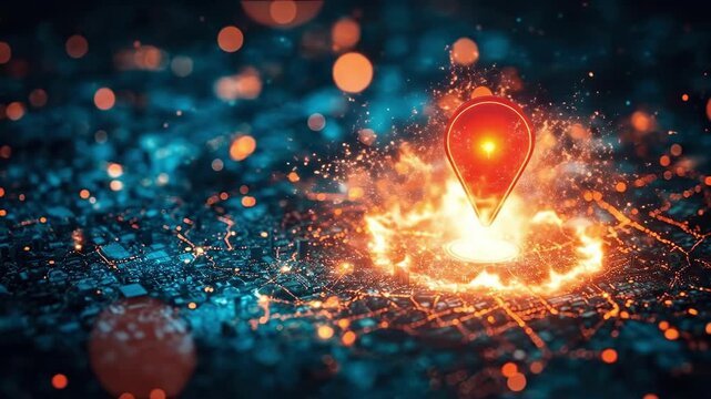 Abstract digital city map with glowing geolocation pin on dark background