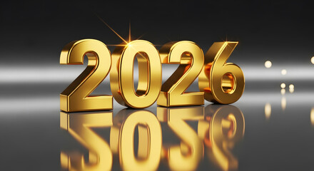 Golden 2026 new year celebration on reflective surface with elegant dark background and glittering lights