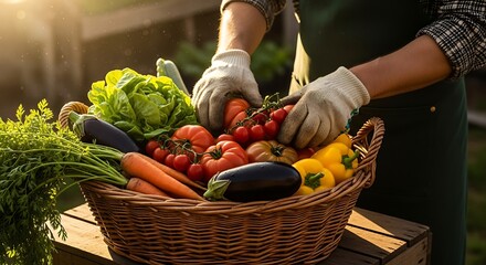 Hands in gloves harvesting fresh garden vegetables into a wicker basket