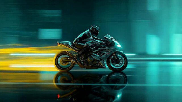 Motorcyclist riding a sleek sport bike at high speed through a glowing urban scene with bright motion trails reflecting across the wet city surface