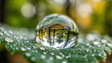 Extreme macro view of water droplet on green leaf reflecting autumn forest. Cinematic dew reflection capturing trees and foliage in bokeh background. Natural beauty and closeup nature scene concept. - Powered by Adobe