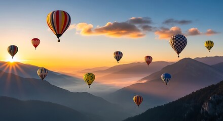 Fototapeta premium Colorful hot air balloons ascend over misty mountains at sunrise
