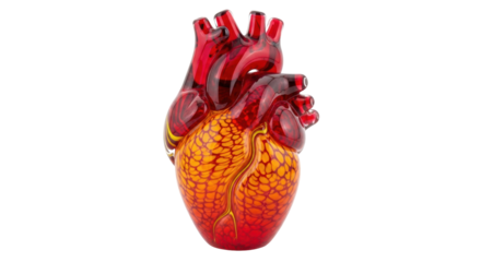 Red and orange glass anatomical heart isolated PNG, decorative sculpture for medical or gothic themes on transparent background