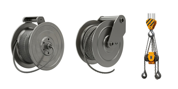 Two metal spools with wire and a black chain with yellow straps