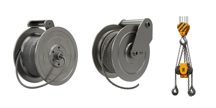 Two metal spools with wire and a black chain with yellow straps