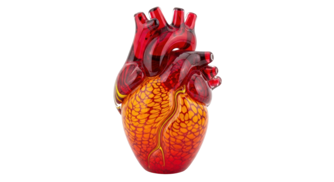 Red and orange glass anatomical heart isolated PNG, decorative sculpture for medical or gothic themes on transparent background