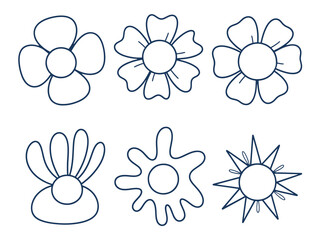 Six simple dark blue outline flower shapes on white background graphic