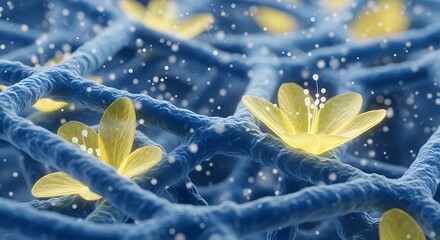 Microscopic view of blue fibers with glowing yellow floral structures and small bubbles