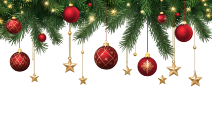 Festive christmas garland with red ornaments and gold stars against a