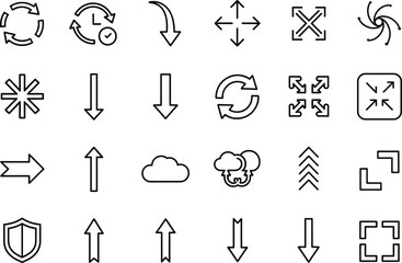 Large Set of Arrow, Cloud, and Control Vector Line Icons, Including Refresh, Download, Upload, Direction, Protection, and Interface Symbols