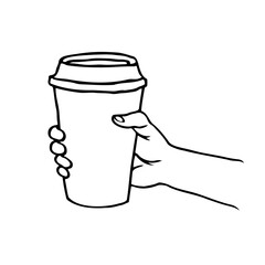 Male hand holding a mug of coffee to go – hand drawn doodle illustration