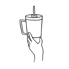 Female  hand holds a large thermos mug with a handle and straw by the bottom – hand-drawn doodle illustration