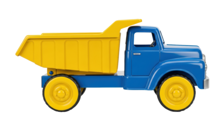 Blue and yellow toy dump truck isolated PNG, plastic construction vehicle for kids play and educational resources on transparent background