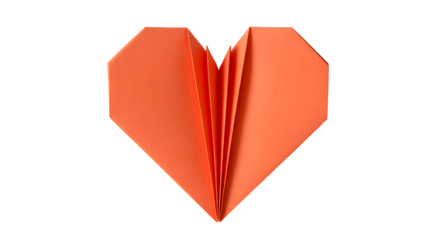 A vibrant orange origami paper heart shape folded with precision isolated on transparent background