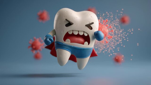 Tooth dental health hygiene concept. A 3D rendered, cartoonish tooth character with a mischievous grin, surrounded by microscopic organisms. 