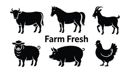 Farm animal silhouettes including a cow horse goat sheep pig and chicken vector illustration for agricultural themes