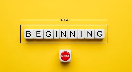 White letter blocks spelling out the word beginning above a small red start button on yellow background
