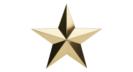 Golden five-pointed star isolated PNG on transparent background, shiny metallic star shape for awards and holiday decoration
