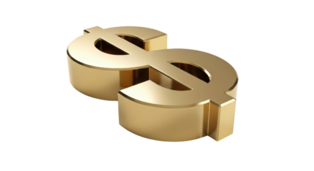 Golden dollar sign isolated PNG on transparent background, currency symbol for finance, investment, and wealth concepts