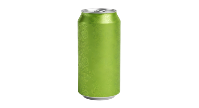 Green aluminum can with floral pattern isolated PNG, refreshing drink container for beverage packaging and product mockups