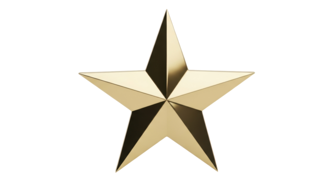 Golden five-pointed star isolated PNG on transparent background, shiny metallic star shape for awards and holiday decoration