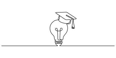 Continuous line drawing of bright lightbulb wearing graduation cap logo identity. Smart study academy logotype icon template concept. Graphic illustration