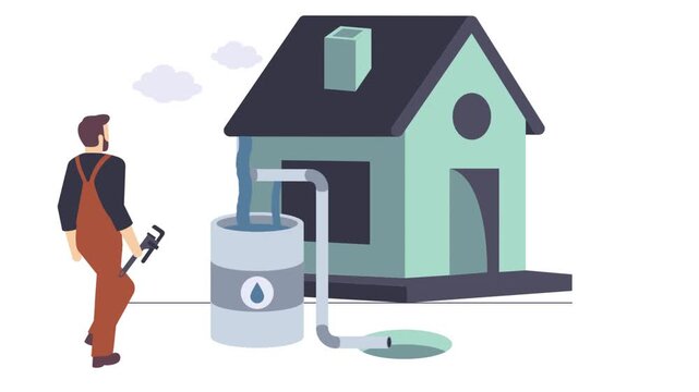 Plumber tightening or loosening connection pipe of Storage Tank on Roof animation, Rooftop Rainwater storage animated video, plumbing worker Clip, Handyman Services footage, HVAC technician motion