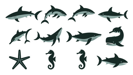 Collection of sea animals vector illustration of marine wildlife isolated on white background