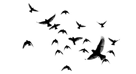Flock of birds silhouetted against a white sky