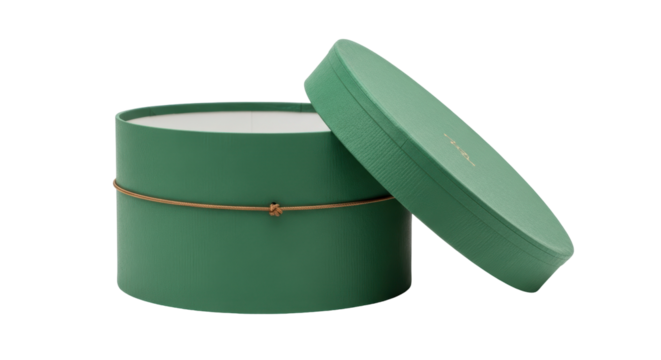 Open round green gift box with lid isolated PNG, elegant packaging for presents and special occasions on transparent background