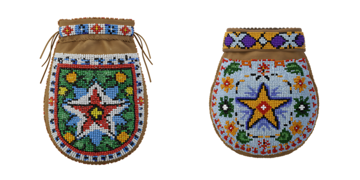 Two native american beaded pouches with star designs on black background
