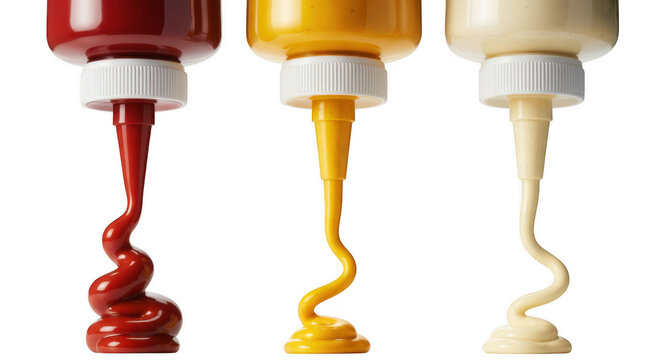 Red ketchup yellow mustard and white mayonnaise sauces dripping from bottles isolated on a transparent background