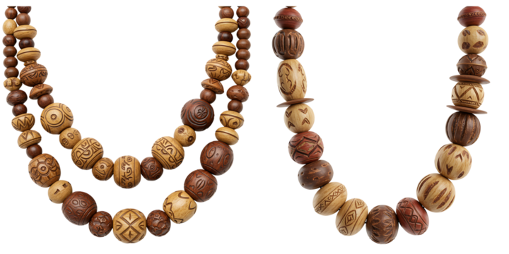 Close up of two strands of carved wooden beads on a black background