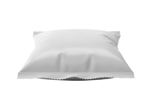 Blank flow pack mockup isolated PNG on transparent background, pillow pouch for food packaging and branding presentation