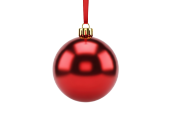 Shiny red Christmas ball isolated PNG, festive bauble ornament with golden cap and ribbon for holiday decoration on transparent background