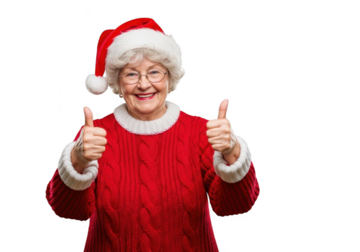 Smiling elderly woman in santa hat and red sweater giving thumbs up, isolated on transparent background