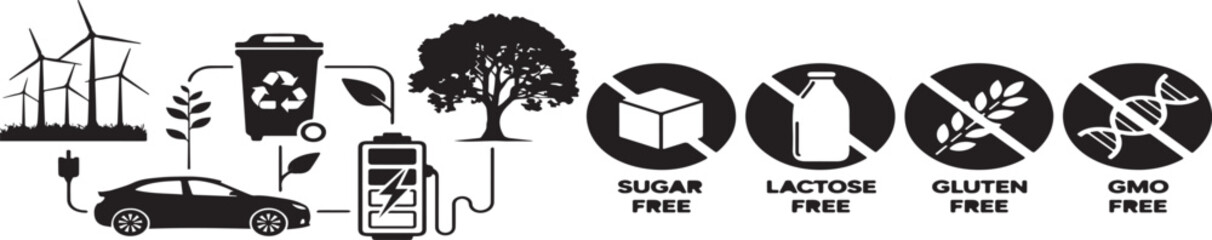 Eco Friendly Energy Icons and Allergen Free Food Label Symbols Vector Set
