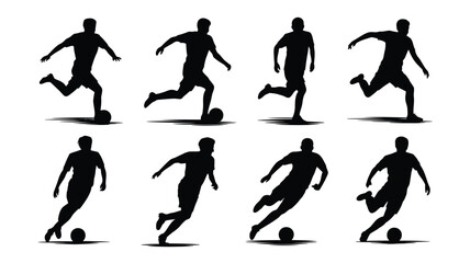 Set of soccer player silhouettes action poses of football players kicking the ball vector illustration isolated on white background