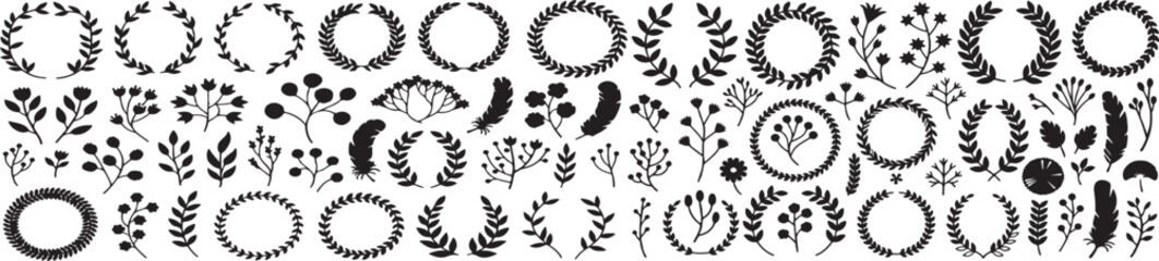 Hand Drawn Floral Wreath Frames and Leaf Border Elements Vector Set