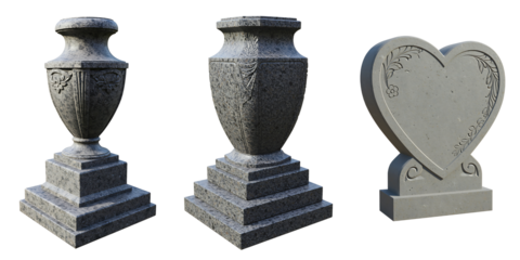 Three stone monuments including two urns and a heart shaped gravestone