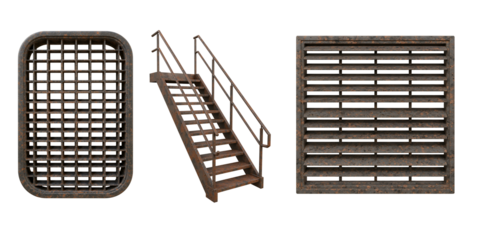 Industrial metal grate wooden staircase and metal ventilation grille against a dark background