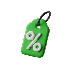 Green percentage tag icon for sale and discount promotions, 3d render isolated on transparent background