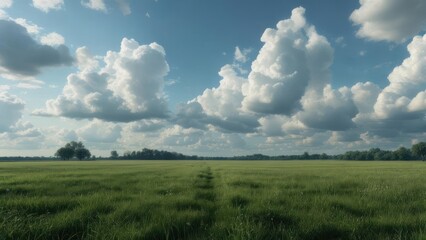 Obraz premium Expansive green field under a partly cloudy sky